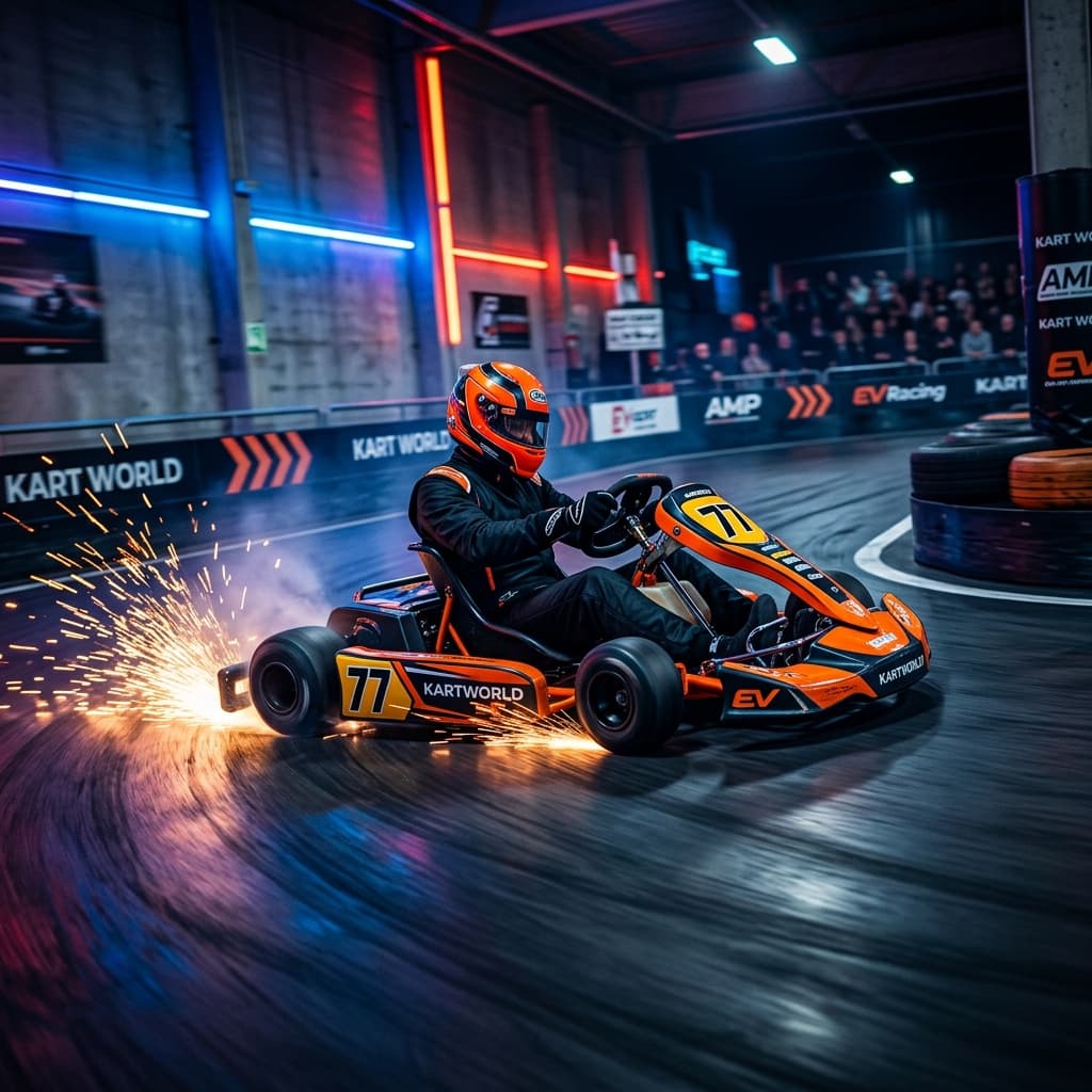 Electric drift kart going sideways on a track