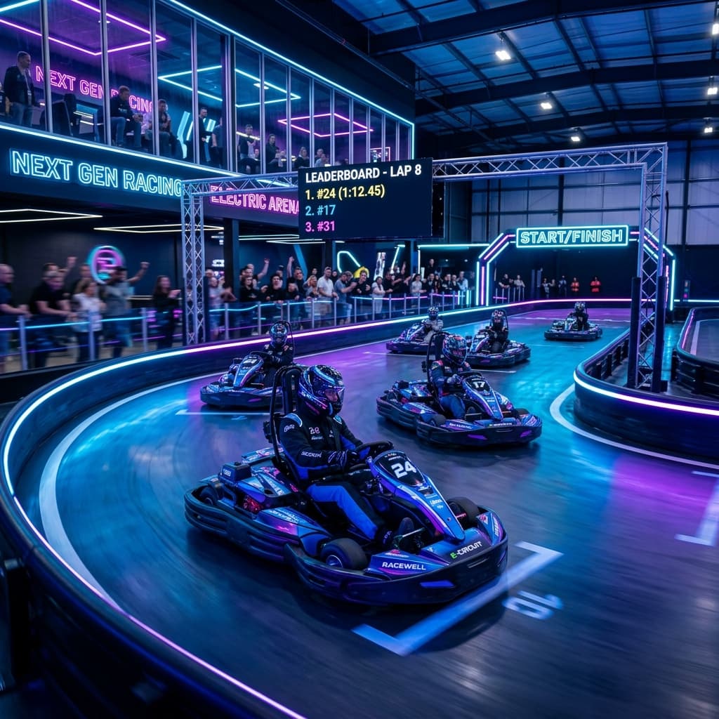 Modern indoor electric go-karting track with neon lights