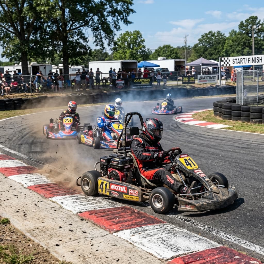 Gas powered go kart racing on an outdoor track
